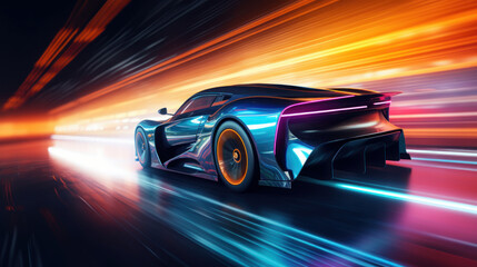 Plakat Futuristic Sports Car On Neon Highway. Powerful acceleration of a supercar with colorful lights trails. generative AI.