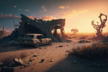 Post-apocalypse: The End of the World. Rusty car and terribly ruined landscape | Generative AI Production