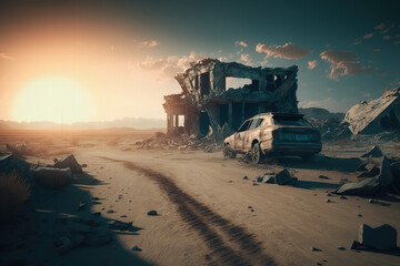 Post-apocalypse: The End of the World. Rusty car and terribly ruined landscape | Generative AI Production