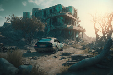 Post-apocalypse: The End of the World. Rusty car and terribly ruined landscape | Generative AI Production