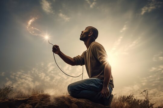 A Man Sitting On A Rock Holding A Sparkler In His Hand Power Plant Long Exposure Photography Energy Healing Generative AI