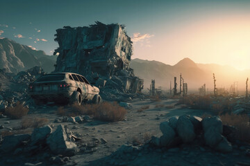 Post-apocalypse: The End of the World. Rusty car and terribly ruined landscape | Generative AI Production