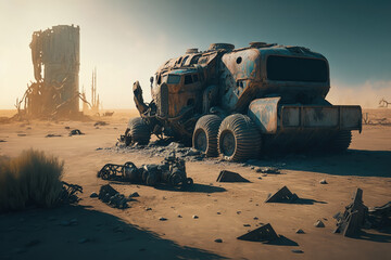 Post-apocalypse: The End of the World. Rusty car and terribly ruined landscape | Generative AI Production