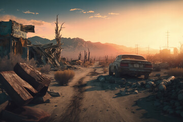 Post-apocalypse: The End of the World. Rusty car and terribly ruined landscape | Generative AI Production