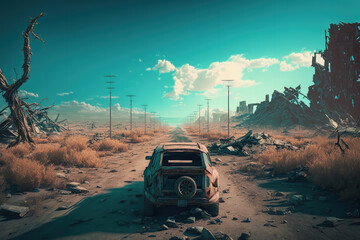 Post-apocalypse: The End of the World. Rusty car and terribly ruined landscape | Generative AI Production