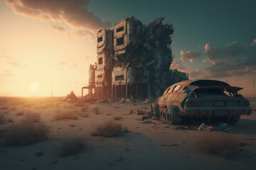 Post-apocalypse: The End of the World. Rusty car and terribly ruined landscape | Generative AI Production