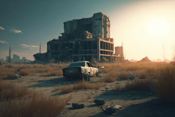 Post-apocalypse: The End of the World. Rusty car and terribly ruined landscape | Generative AI Production