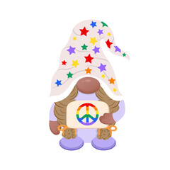 Cute gnome girl in lgbt hat holding peace sign. Pride month.