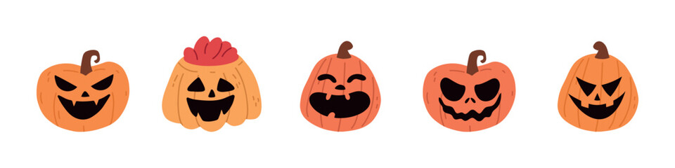 Cute silhouettes of halloween pumpkins. Cartoon pumpkin shapes set. Vector isolated illustration