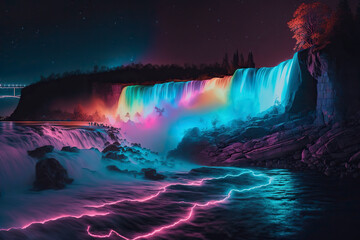 Fototapeta na wymiar Neon waterfall. Water illuminated by multicolored light. Generative AI.