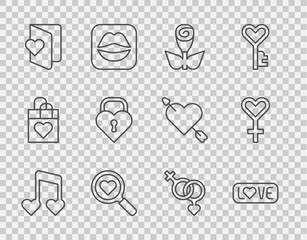 Set line Music note, tone with hearts, Love text, Flower rose, Search and love, Valentines day flyer, Castle the shape of, Gender and Female gender symbol icon. Vector