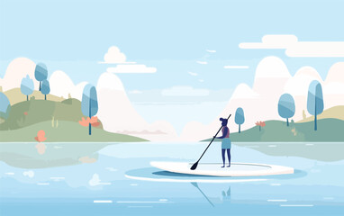 Woman stand-up paddling on a lake, with the sun setting in the background and reflections of the on a paddleboard and trees on the water. Flat vector summer watersport concept. Gadget-free vacation