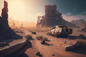 Post-apocalypse: The End of the World. Rusty car and terribly ruined landscape | Generative AI Production