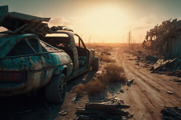 Post-apocalypse: The End of the World. Rusty car and terribly ruined landscape | Generative AI Production