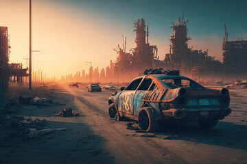 Post-apocalypse: The End of the World. Rusty car and terribly ruined landscape | Generative AI Production