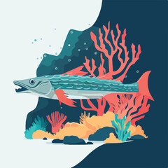 Barracuda in coral reef. Underwater fish and sea creatures in natural habitat. Flat vector illustration concept