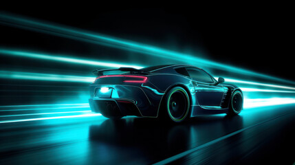 Fototapeta na wymiar Futuristic Sports Car On Neon Highway. Powerful acceleration of a supercar with colorful lights trails. generative AI.