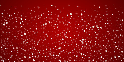 Falling snowflakes christmas background. Subtle flying snow flakes and stars on christmas red background. Beautifully falling snowflakes overlay. Wide vector illustration.