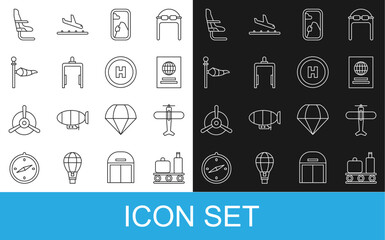 Set line Airport conveyor belt with suitcase, Plane, Passport, Airplane window, Metal detector airport, Cone meteorology windsock vane, seat and Helicopter landing pad icon. Vector