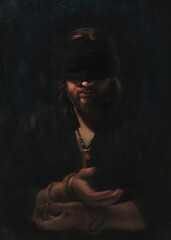 Artistic photo of a Prisoner blindfolded and hands tied with black background homage to Dostoevsky's novel The Idiot