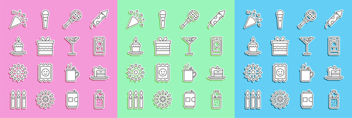 Set line Mulled wine, Cake, Mobile with birthday message, Maracas, Gift box, burning candles, Festive confetti and Martini glass icon. Vector