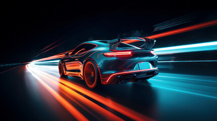 Fototapeta Futuristic Sports Car On Neon Highway. Powerful acceleration of a supercar with colorful lights trails. generative AI. obraz
