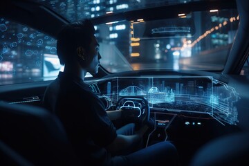 A Man Driving A Car In A City At Night With A Large Display Of Data Car Dealership Advertising Photography Automotive Design Generative AI