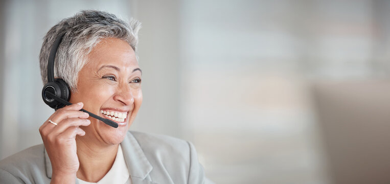 Callcenter consultant, senior woman and CRM, happy with mockup and phone call, communication and contact us. Female with laugh, customer support banner or telemarketing, agent and help desk employee