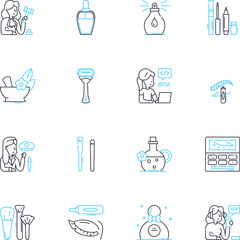 Cosmetics industry linear icons set. makeup, skincare, beauty, fragrance, haircare, nailcare, bodycare line vector and concept signs. lipsticks,eyeshadows,perfumes outline illustrations