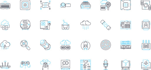 Digital instruments linear icons set. Synthesizer, Sampler, Drum machine, Sequencer, Controller, Keyboard, Modulator line vector and concept signs. Oscillator,Plugin,Virtual outline illustrations