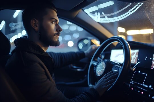 A Man Driving A Car At Night With A Steering Wheel And A Touch Screen City Street At Night Advertising Photography Automotive Design Generative AI