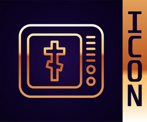 Gold line Online church pastor preaching video streaming icon isolated on black background. Online church of Jesus Christ. Vector