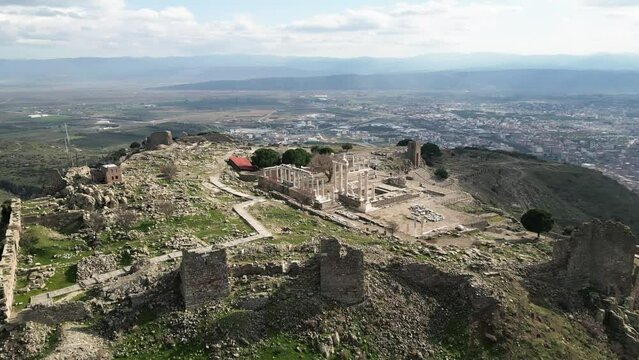 The Acropolis of Pergamon Ancient City Ruins in Bergama, Izmir, Turkey. High quality 4k footage