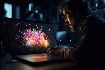 A Man Sitting At A Desk Using A Laptop Computer With A Colorful Explosion On The Screen Workshop Graphic Design Computer Graphics Generative AI
