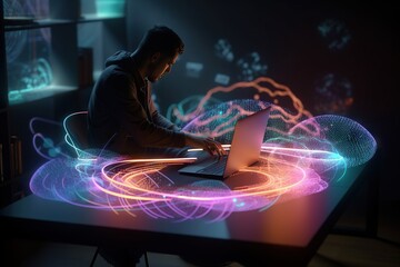 A Man Sitting At A Table Using A Laptop Computer With A Neon Pattern On The Table Workshop Long Exposure Photography Supply Chain Optimization Generative AI