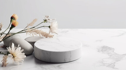 White Marble Table Counter Top, Podium Pedestal, Abstract Living Room Space Background in Interior.  Showcase Your Modern and Stylish Products. Product Mock up Display, Back Drop. Generative AI.