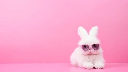 white rabbit with sunglasses on the pink pastel background