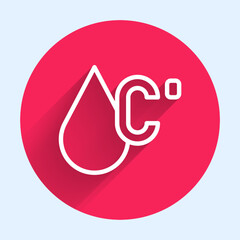 White line Water temperature icon isolated with long shadow background. Red circle button. Vector