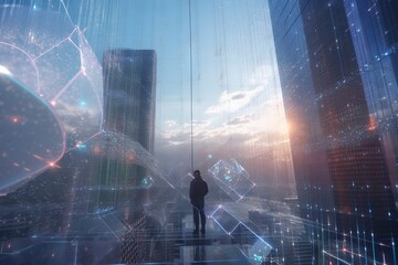 A Man Standing In A Futuristic City With Futuristic Buildings And A Sky Background Modern Urban Skyline Installation Art Data Analytics Generative AI