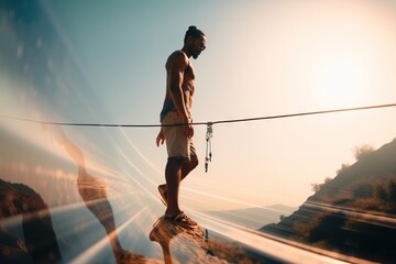 A Man Walking Across A Rope Over A Body Of Water With A Reflection Of Him Mountain Trail In Summer Time-lapse Photography Work-life Balance Generative AI
