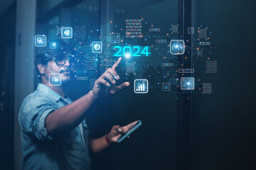 2024 business concept, businessman or engineer Show the trend of driving digital currency to...