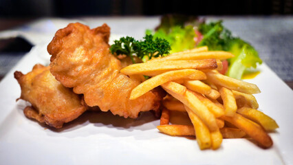 Golden color of shrimps, fish fillet and French fried, crispy deep fried, fish and chips, seafood...