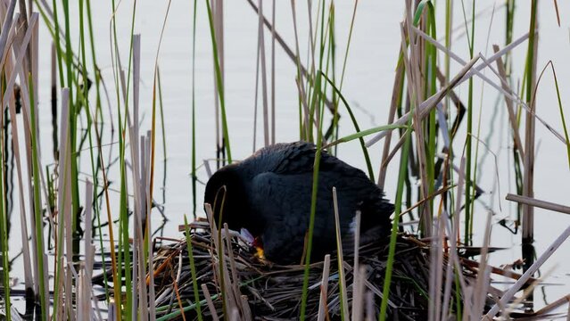(Fulica atra) sitting on the nest to protect its young. Spring season.