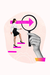 Poster banner magazine collage of confident leader business lady go up achieve her targets discover...