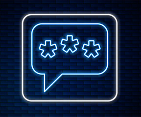 Glowing neon line Speech bubble chat icon isolated on brick wall background. Message icon. Communication or comment chat symbol. Vector