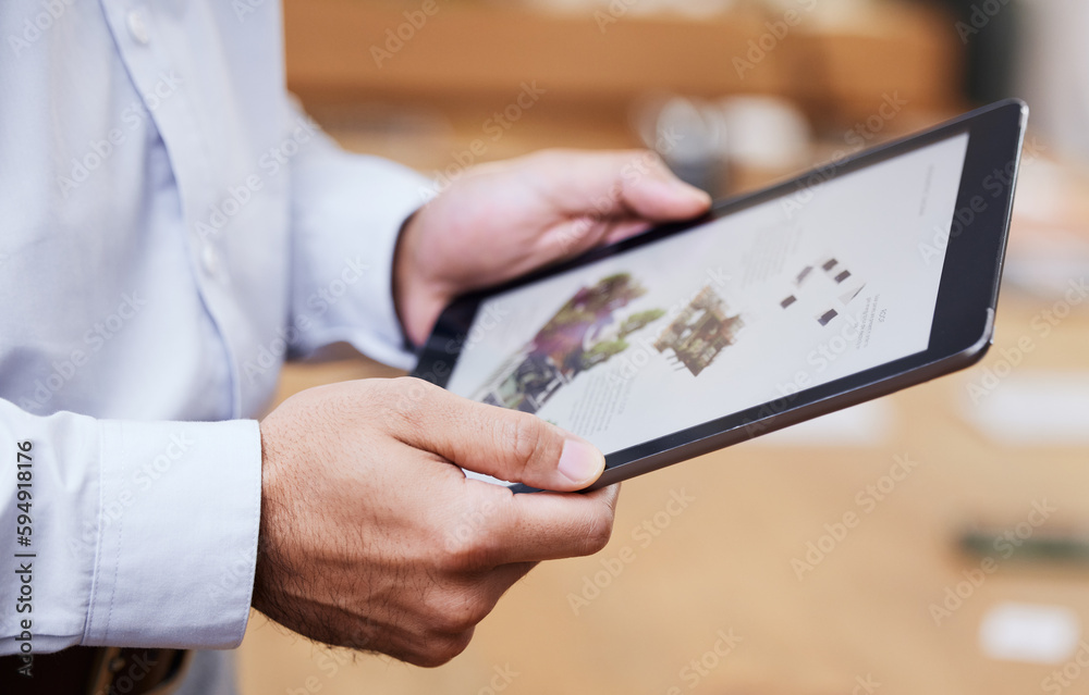 Poster Tablet screen, man hands and online architect design on a software app for digital designer. Industrial, illustration and graphic work of a building developer with tech and construction for job