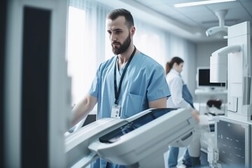 Naklejka na ściany i meble A Man In Scrubs Is Walking Through A Hospital Room With Medical Equipment Hospital Advertising Photography Medical Devices Generative AI