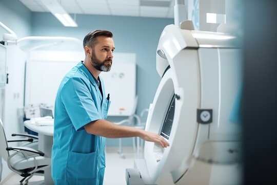 A Man In Scrubs Is Looking At A Machine In A Hospital Hospital Advertising Photography Medical Devices Generative AI