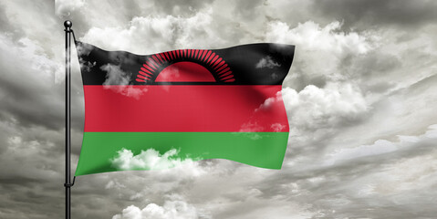 Malawi national flag cloth fabric waving on beautiful sky grey Background.