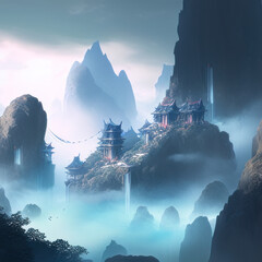 A mystical mountain range shrouded in mist towering, Generative AI